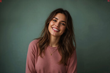Fototapeta premium Beautiful Young Woman with a Warm Smile Posing Against a Green Background, Portrait of a Confident Brunette Woman with an Engaging Expression