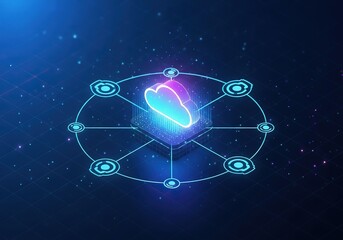 Futuristic neon orb network with glowing center and connected nodes in deep space