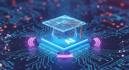 AI Education: A digital representation of a mortarboard, symbolizing the evolution of education within the sphere of artificial intelligence, over a computer microchip.