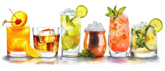 The vibrant array of refreshing cocktails beautifully arranged for summer enjoyment.