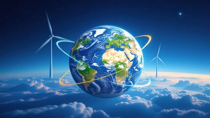 Naklejka premium Digital Artwork of Earth Surrounded by Wind Turbines and Clouds