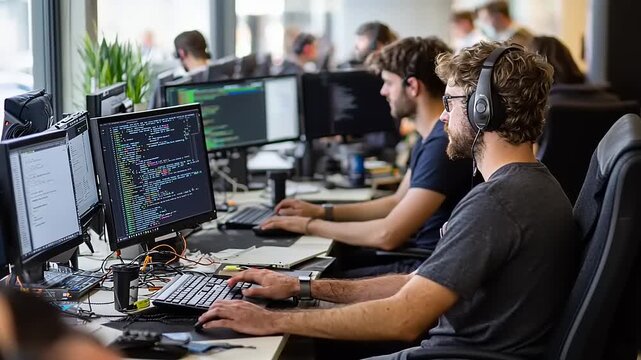 Programmers collaborating in a modern office space, focused on coding with multiple screens