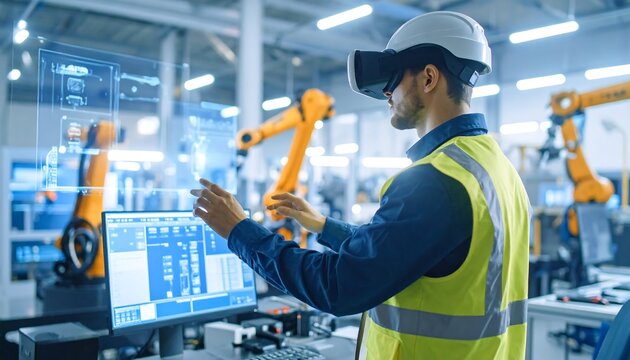 Factory worker using VR and interface