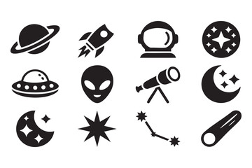 Space themed icons including planets rockets astronauts aliens and stars vector