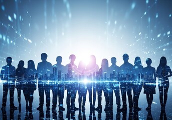 Diverse group of professionals standing together in a futuristic glowing digital environment representing innovation and collaboration