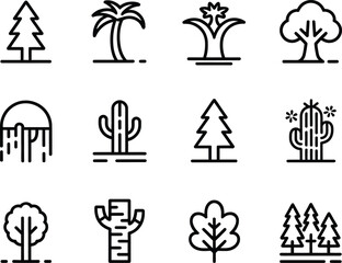 Collection of simple line art icons representing various types of trees and plants