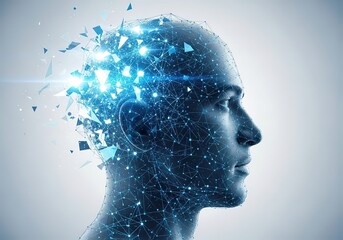 Abstract digital art depicting a human head exploding into a nebula of light and particles