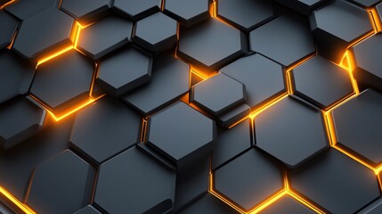 Abstract background of dark gray hexagons with glowing orange edges
