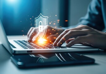 Cybersecurity professional protecting digital data with advanced technology and a glowing shield icon overlay