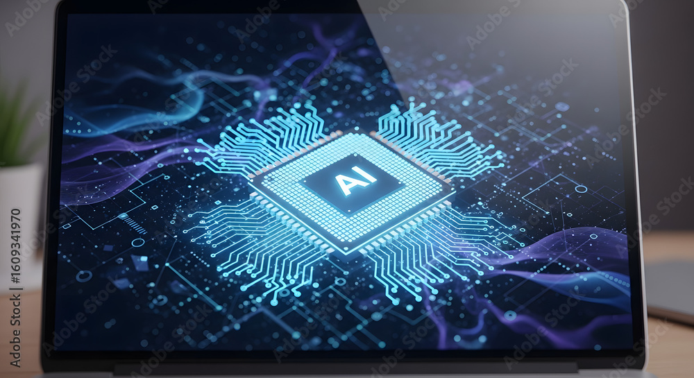 Poster ai integrated: a close-up view showcases a sleek laptop displaying an ai-integrated circuit, with in