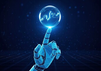 Robotic finger balances glowing sphere displaying financial market data and stock chart