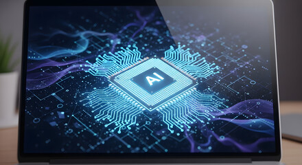 AI Integrated: A close-up view showcases a sleek laptop displaying an AI-integrated circuit, with intricate digital patterns creating a futuristic scene.
