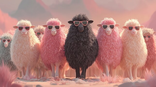 A bold black sheep standing out among pastel pink and cream sheep, symbolizing individuality and bold authenticity in millennial branding
