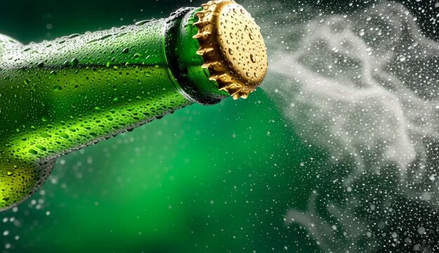 Opening beer bottle on green background. Gas cloud going out of the beer bottle blowing away the crown cap