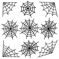 Set of nine black spider web silhouettes in various shapes for Halloween