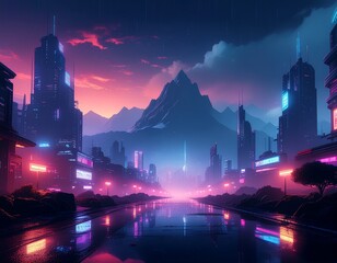 Rainy Cyberpunk Cityscape with Distant Mountains and Glowing Neon Signs