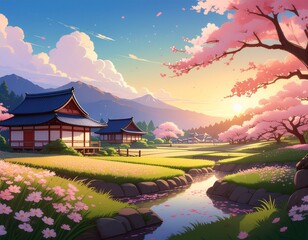 Peaceful Japanese Countryside Landscape with Cherry Blossoms in Spring