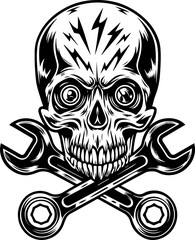 Obraz premium SVG of a mechanic skull design in a bold, detailed tattoo style. Intricate Skull Design with Wrenches and Lightning Elements