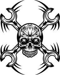 Obraz premium SVG of a mechanic skull design in a bold, detailed tattoo style. Skull and Crossbones Design with Intricate Art and Details