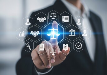 Lawyer or legal professional interacting with a digital interface displaying legal icons and concepts