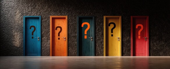 The colorful doors symbolize choices and uncertainty in a mysterious setting.