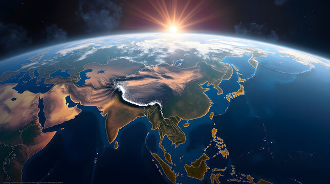A stunning view of Earth from space, focusing on Northern Asia. The clear outline of the northern part of the continent, surrounded by seas and oceans, with visible clouds and glowing stars in the bac