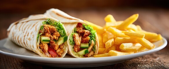 The delicious chicken wrap served with crispy fries on a wooden table.