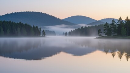 Fototapeta premium Serene Mountain Landscape with Misty Lake and Pine Trees at Dawn