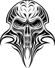 Fototapeta premium SVG of a mechanic skull design in a bold, detailed tattoo style. Intricate Monochrome Skull Design with Tribal Patterns and Details