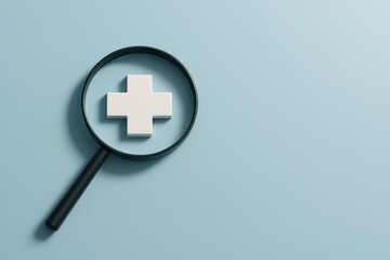 Fototapeta premium Healthcare Focus: A symbolic representation of healthcare, a white plus sign is magnified by a sleek magnifying glass against a soothing blue backdrop, suggesting analysis, insight.
