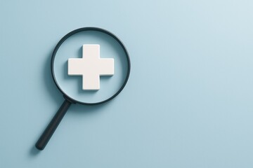 Fototapeta premium Focus on Health: A magnifying glass hovers over a white plus sign, creating a stark and symbolic representation of healthcare, medicine, and well-being, implying the importance of attention to health.