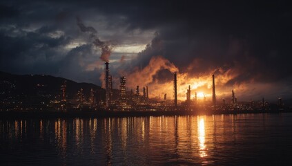 Naklejka premium Industrial complex silhouettes against a dramatic sky at dusk, reflecting in the water, evoking environmental concerns and technological advancement.