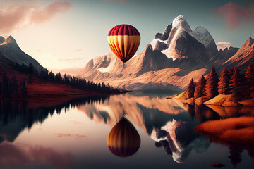 Mountain landscape with hot air balloon at dawn ,generative AI