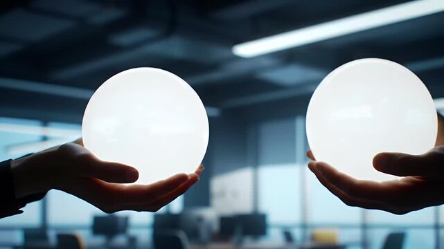 A Glowing Orb Held by Two Hands Splits Perfectly into Two, Representing a Successful Partnership