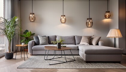 contemporary living room featuring modern wall sconces and a comfortable gray couch