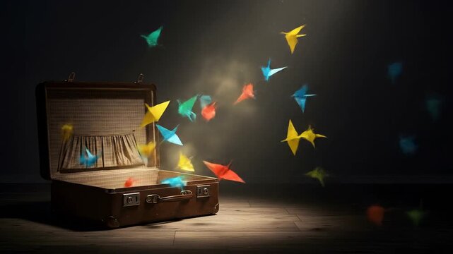 Origami butterflies escape suitcase