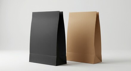 Two tall paper bags one black and one brown against a white background