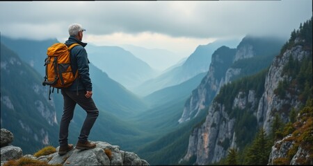 Solo Adventurer Standing on Cliff Edge Overlooking Mountain Valley