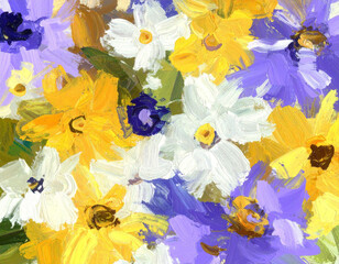 Bright acrylic flower painting with yellow and purple petals on white background. Artistic brush strokes give an expressive and modern look. Colorful and creative floral abstract design.