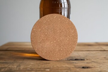 Beer coaster mockup on wooden background, round cardboard drink mat for bar or restaurant design, branding scene with rustic wood, empty white pad for craft beer typography or logo placement