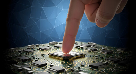 Touching the Digital Core: A finger delicately touches a central processor, with a complex circuit board and a futuristic background that speaks to digital advancement and technological innovation.