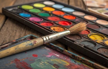 Obraz premium Used Paintbrush with Colorful Dried Paint on Messy Artist Palette. 