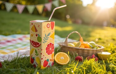 Colorful Juice Box with Straw on Grass in Summer Picnic Light