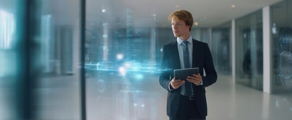 The businessman engaging with digital information in a modern office environment.