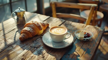 Rustic Breakfast with Latte, Croissant, and Butter on Wooden Table