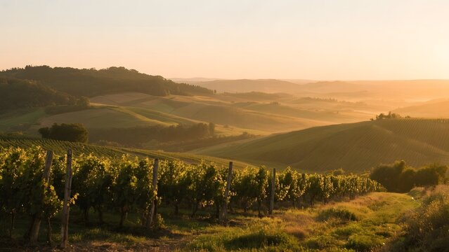 Golden Sunset Over Rolling Vineyard Hills - Powered by Adobe