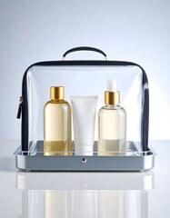 Three skincare products are organized inside a transparent cosmetic bag on a shiny surface.