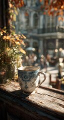 Cozy teacup by window, autumn city view