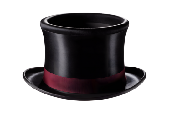 Classic Black Top Hat with Maroon Ribbon on Transparent Background