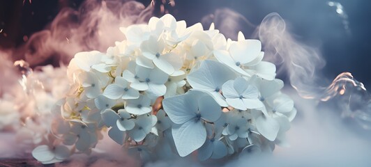 a light panicle hydrangea , coming out of the smoke, Generative ai